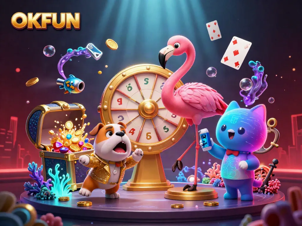 Engaging illustration depicting OKFUN's vibrant gaming atmosphere with characters celebrating casino wins.