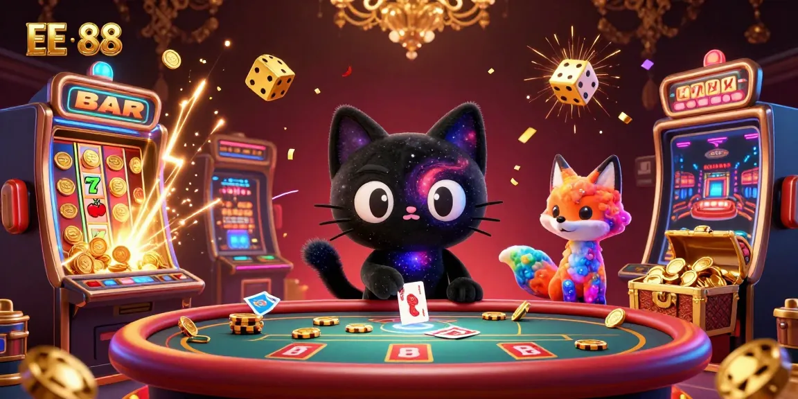 Experience the excitement of EE 88 casino games in a vibrant 3D illustration showcasing playful characters.