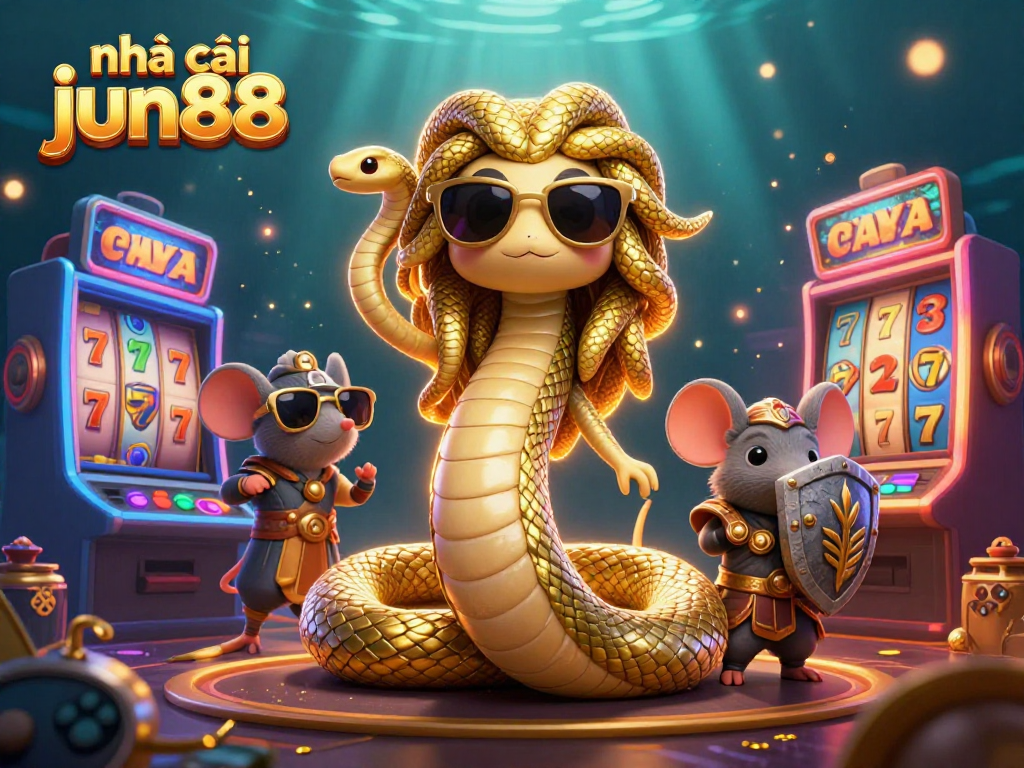 Experience excitement with nhà cái jun88 in this vibrant 3D casino scene filled with golden themes and game elements.