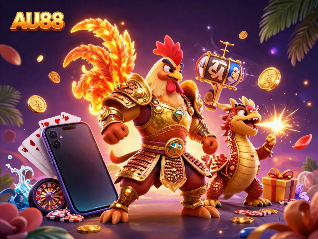 Join the excitement at AU88 as the fighting rooster warrior and dragon hatchling celebrate winning spins in a colorful casino scene.