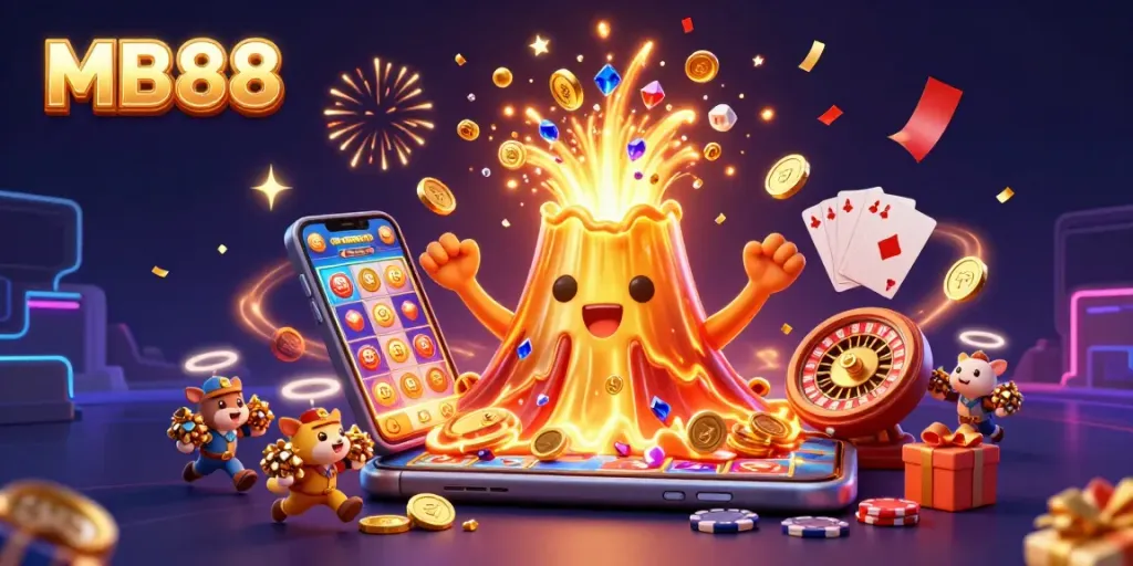 Engage with MB88's thrilling slots experience featuring a golden volcano erupting treasures and colorful games.