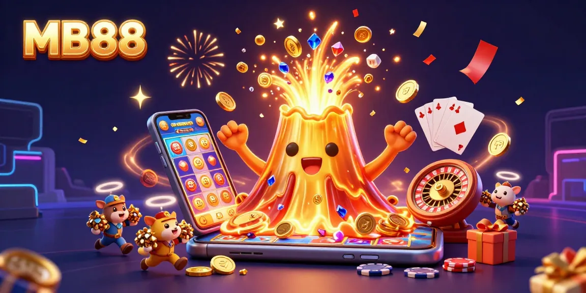Engage with MB88's thrilling slots experience featuring a golden volcano erupting treasures and colorful games.