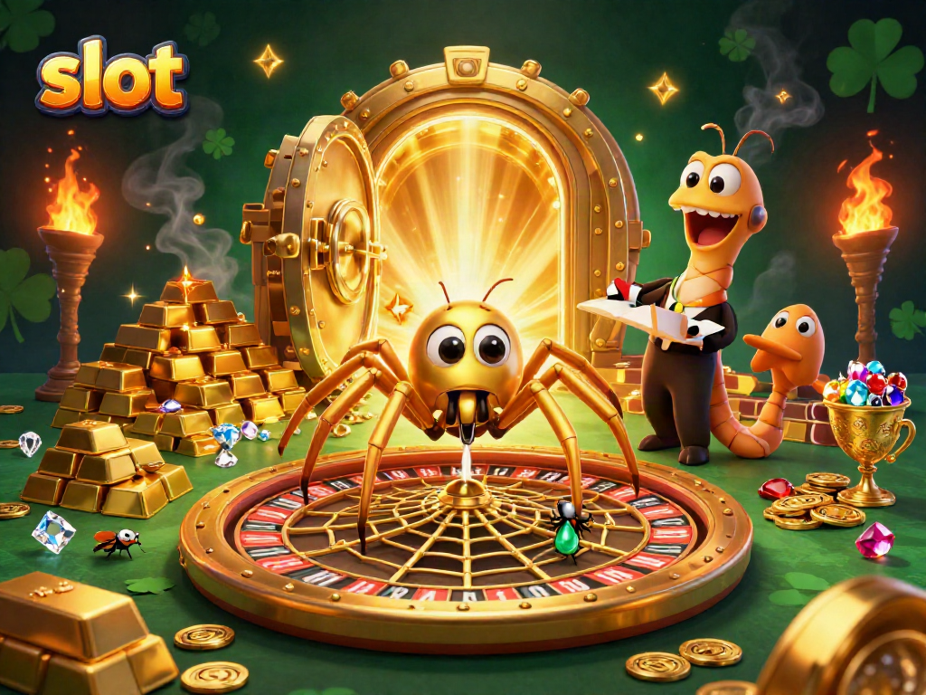 Engage with thrilling slot action featuring a fly betting at the roulette wheel web spun by a golden spider.