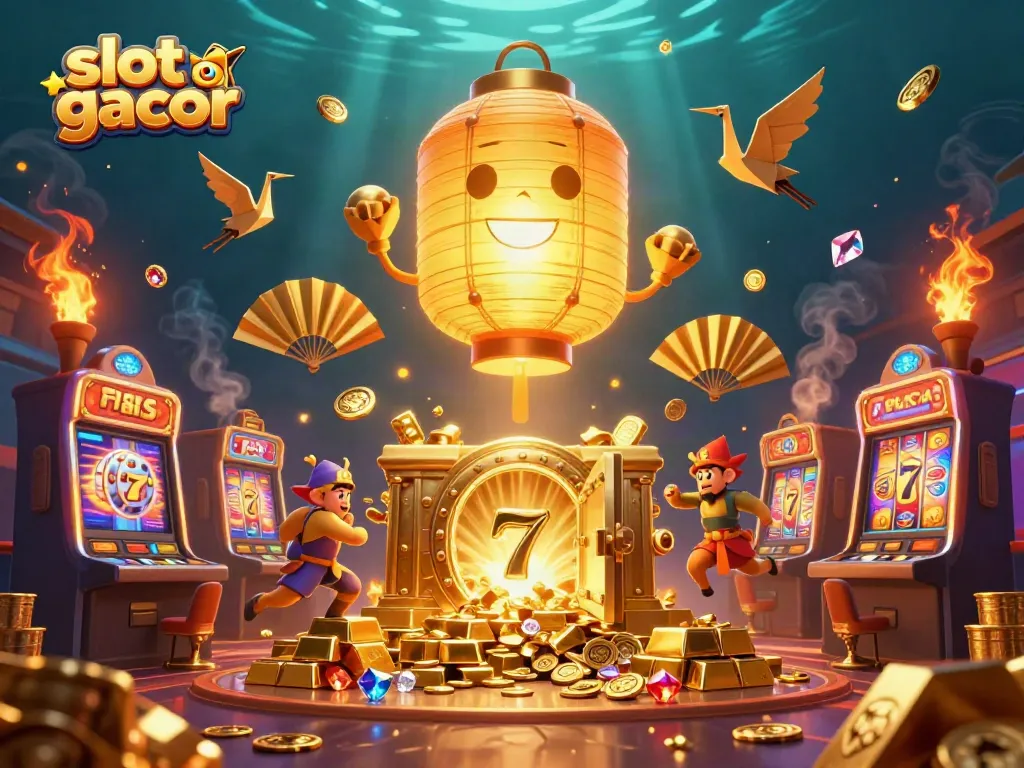 Exciting scene of slot gacor with vibrant golden lanterns and slot machines in a dynamic casino.