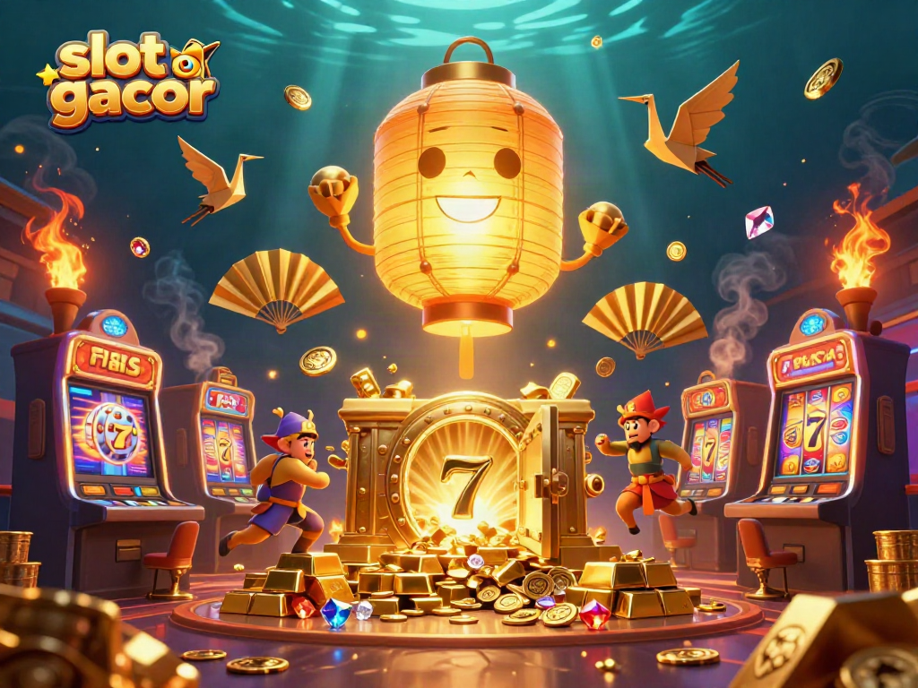 Exciting scene of slot gacor with vibrant golden lanterns and slot machines in a dynamic casino.