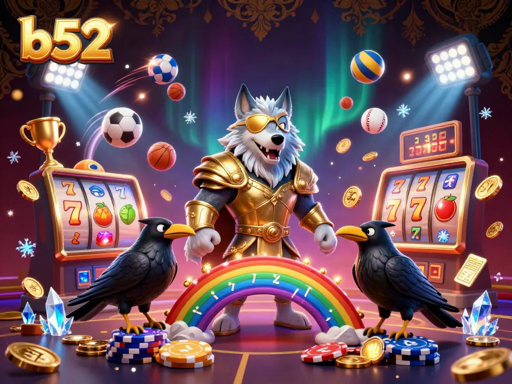 Engage in dynamic slots action with b52, featuring an Odin wolf and casino chips in vibrant illustration.
