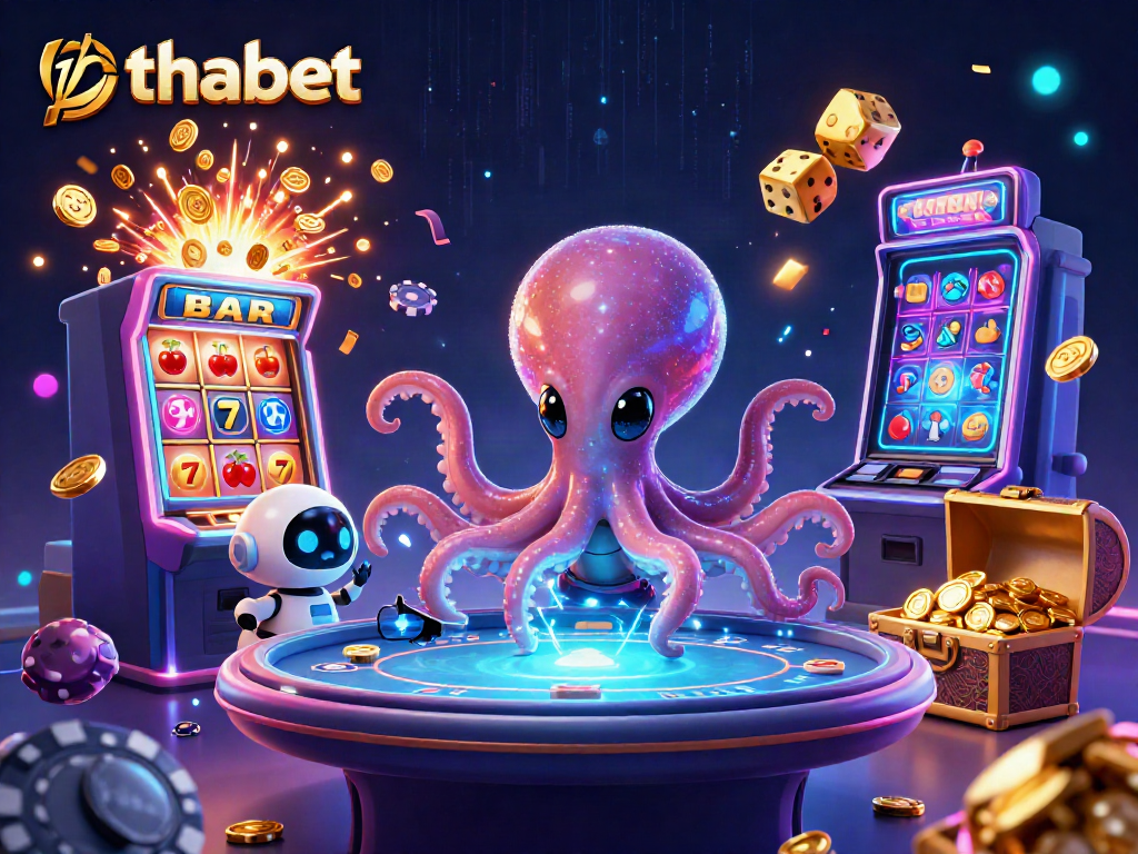 Engage with games at THABET, featuring vibrant 3D casino-themed illustration with alien octopus, poker table, and jackpot.