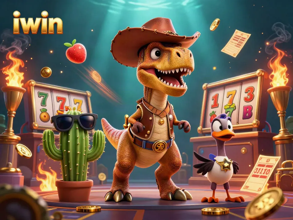 Spin to win with iwin: A colorful casino scene featuring cartoon dinosaur and vibrant slot reels.