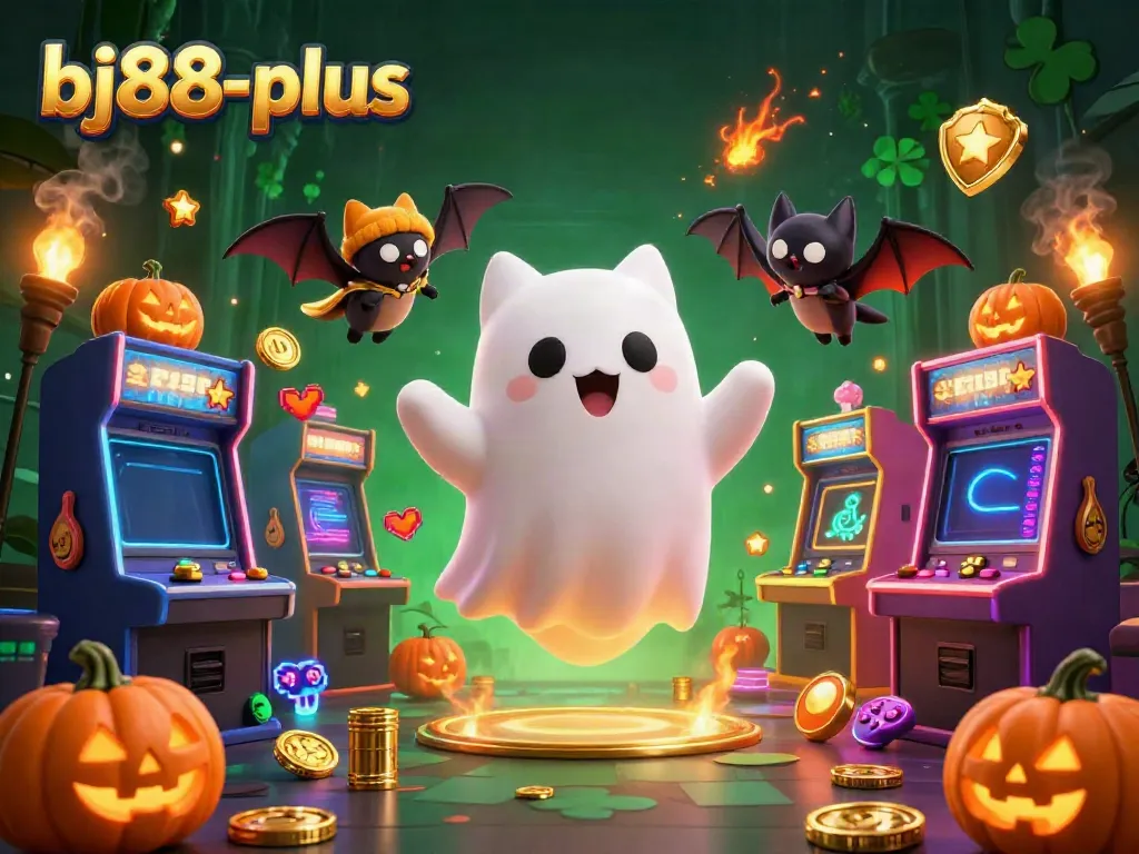 Engage with bj88-plus premium online gaming, featuring a ghost cat and vampire bat in a vivid casino scene.