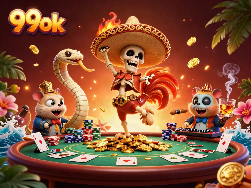 99ok's thrilling victory dance scene with a mariachi rooster, poker chips, and colorful casino elements.