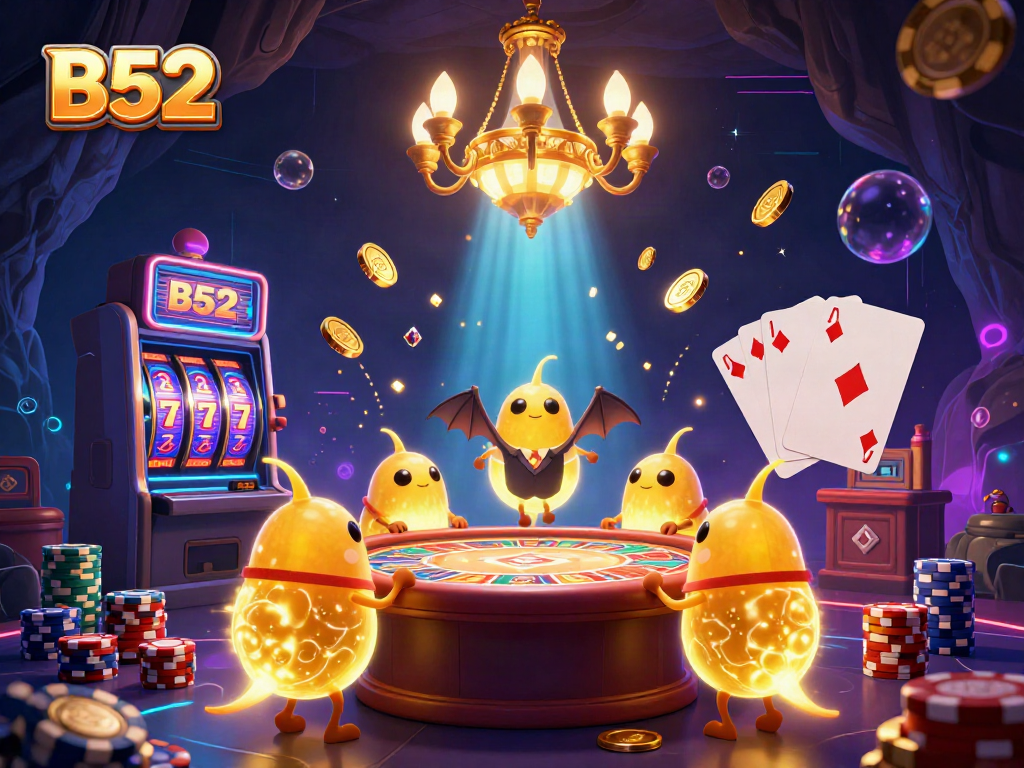 B52 casino illustration featuring glowworms lighting up the scene with slot machines and poker cards.