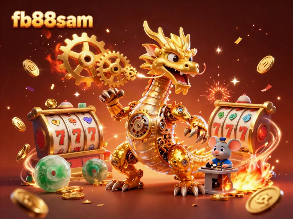 Engage with fb88sam's online slots adventure, featuring a golden dragon and vibrant slot elements