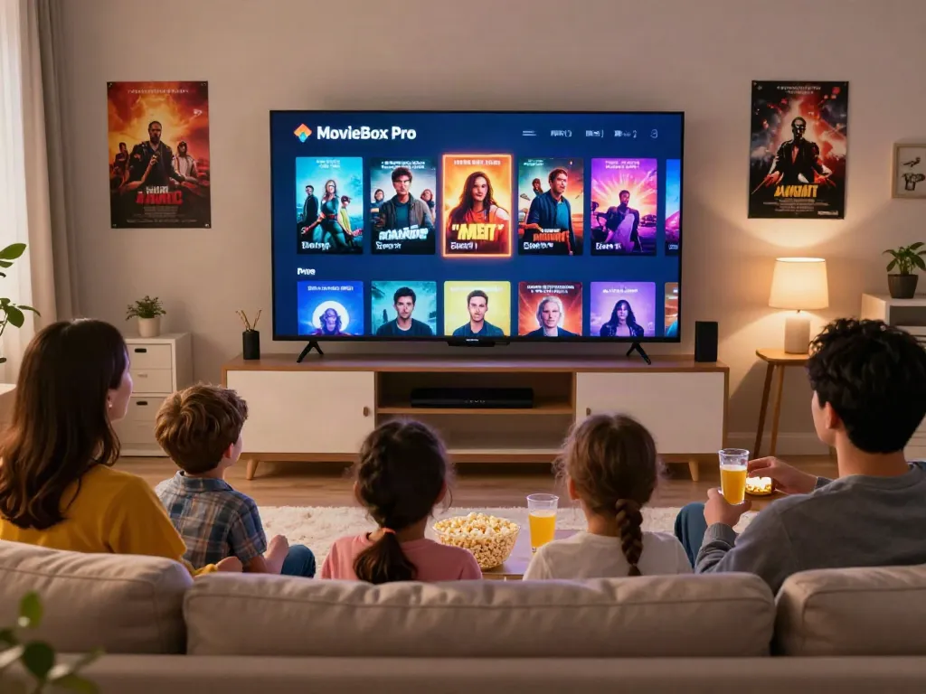 A family enjoying movie night using the MovieBox Pro app from mymovieboxproapp.com in a warm living room.