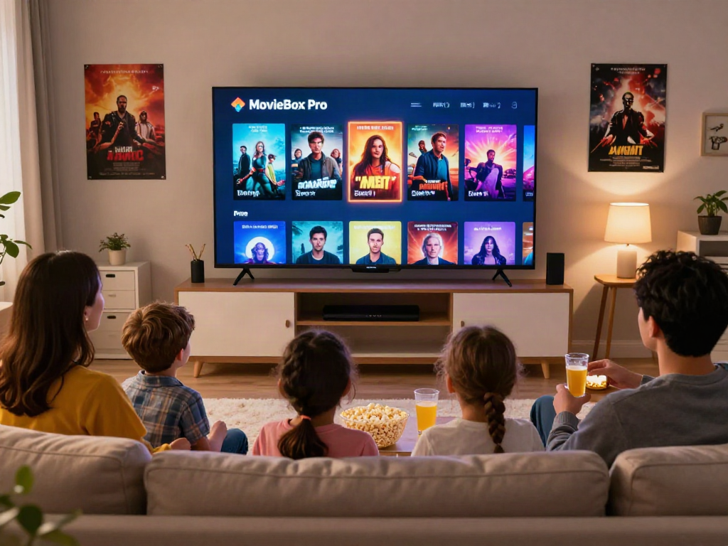 A family enjoying movie night using the MovieBox Pro app from mymovieboxproapp.com in a warm living room.