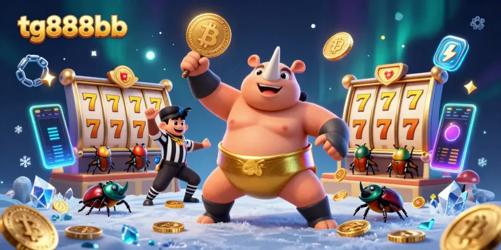 Engage with tg888bb's exciting slot experience, showcasing a beetle champion amidst flying coins and slot reels.