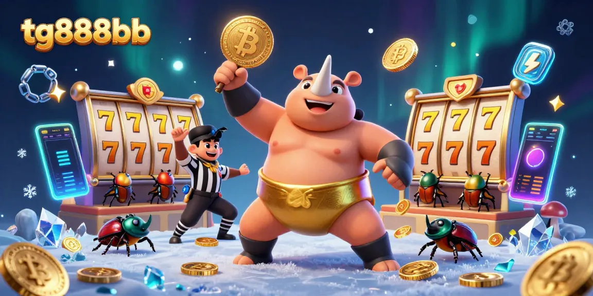 Engage with tg888bb's exciting slot experience, showcasing a beetle champion amidst flying coins and slot reels.
