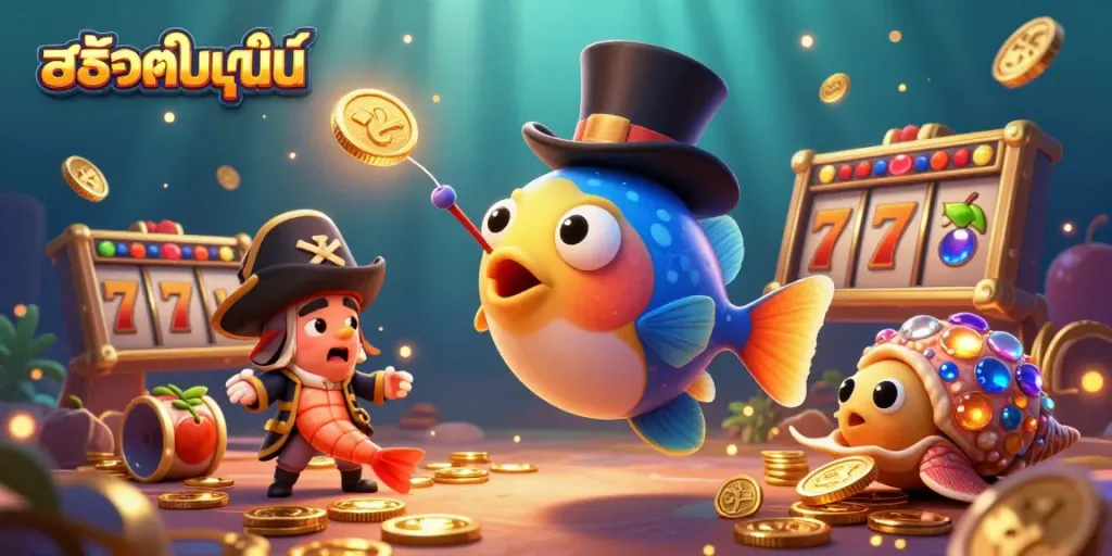 Win exciting jackpots withสล็อตออนไลน์ in this vibrant and colorful casino scene featuring unique underwater characters.