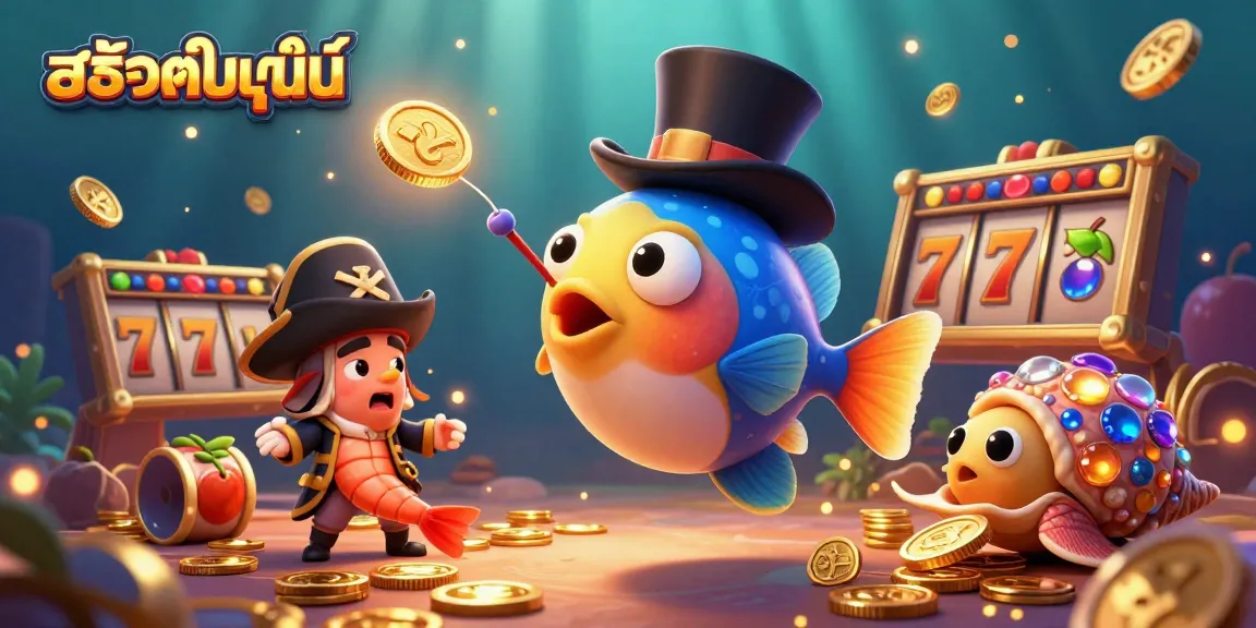 Win exciting jackpots withสล็อตออนไลน์ in this vibrant and colorful casino scene featuring unique underwater characters.
