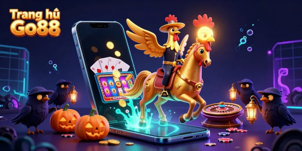 Experience the vibrant action of Trang chủ Go88 with a golden rooster and casino elements illuminating the night.