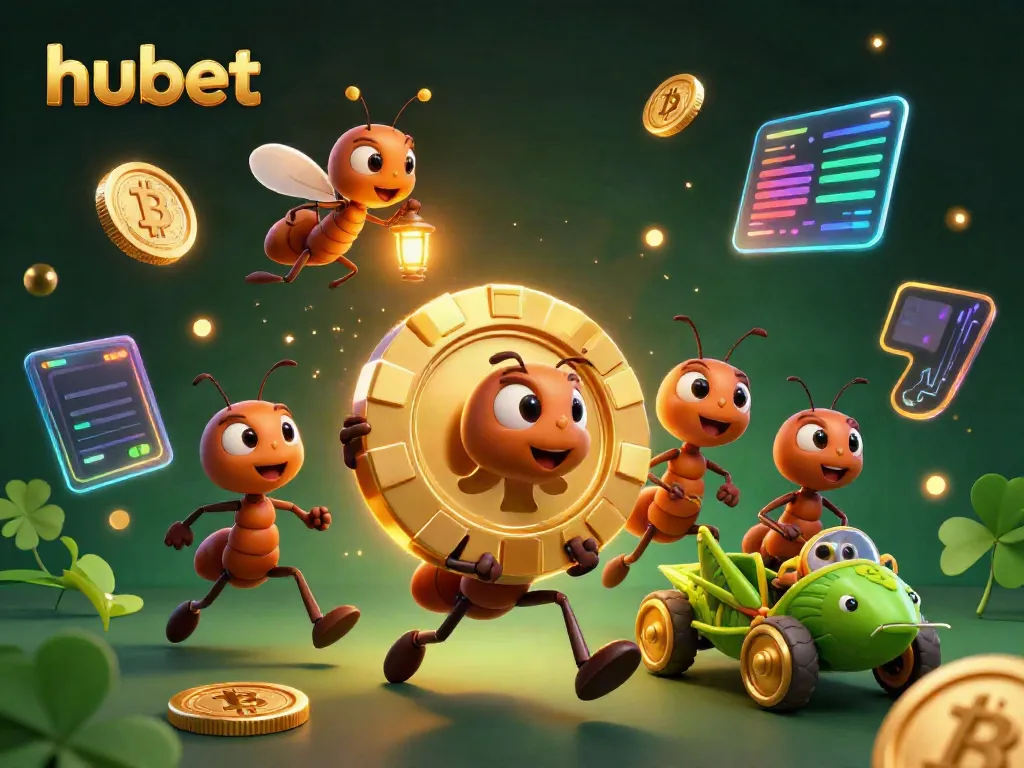 Ants carrying a giant poker chip in a vibrant, casino-themed heist scene for hubet.