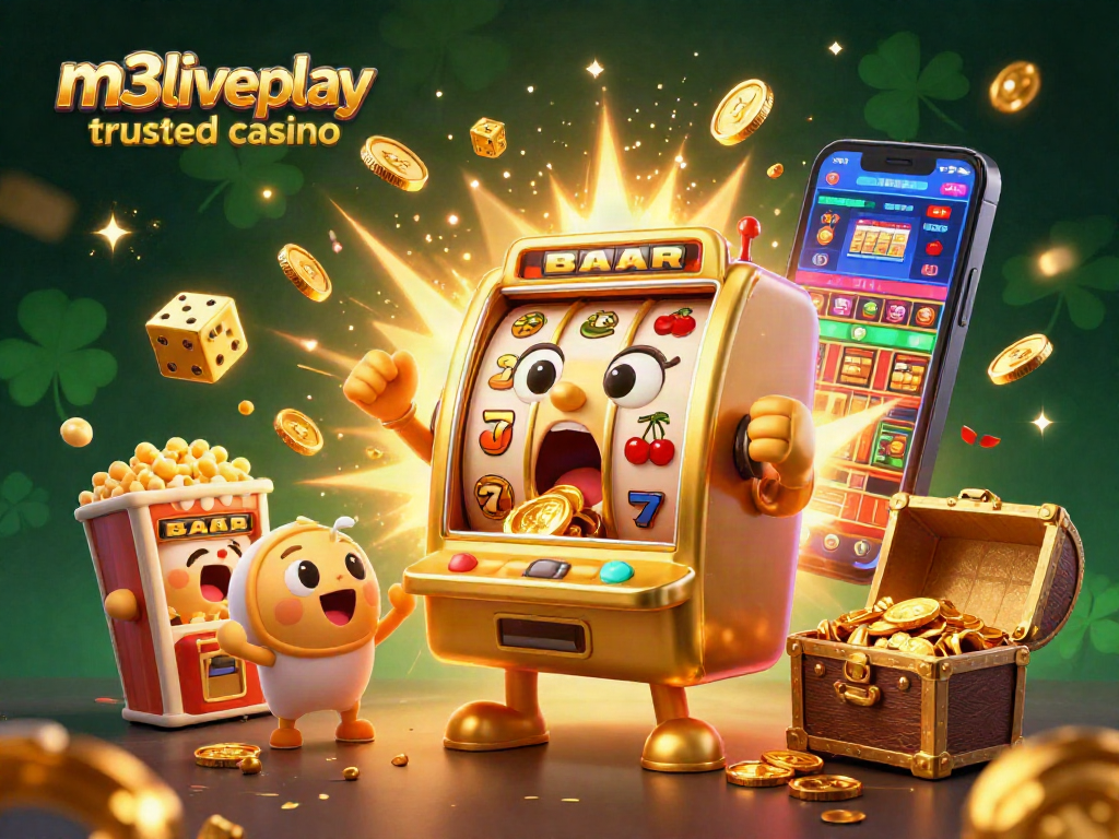 Winning at m3liveplay trusted casino with a cartoon slot machine bursting coins and excitement