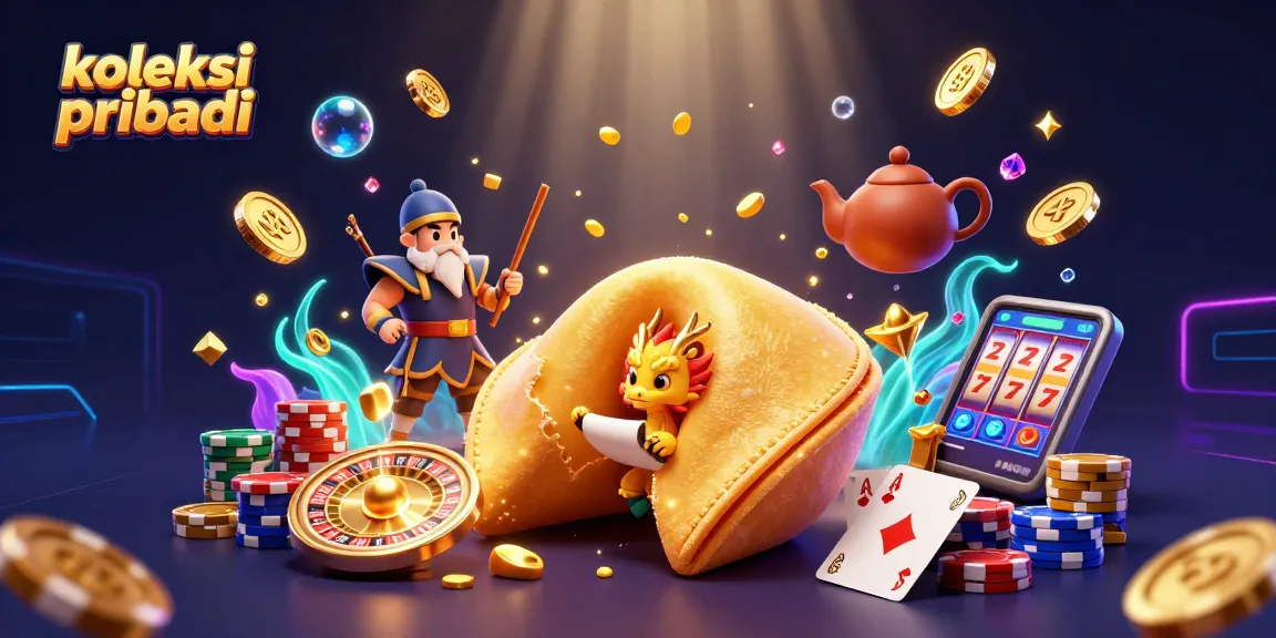 Koleksi pribadi showcases a vibrant 3D casino scene with fortune cookies and gaming treasures.