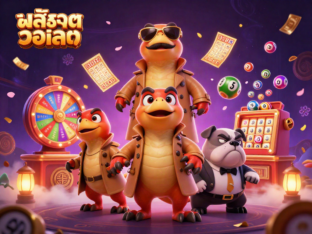 Engage with สล็อตวอเลท featuring cartoon raptors and casino elements in a vibrant 3D scene.