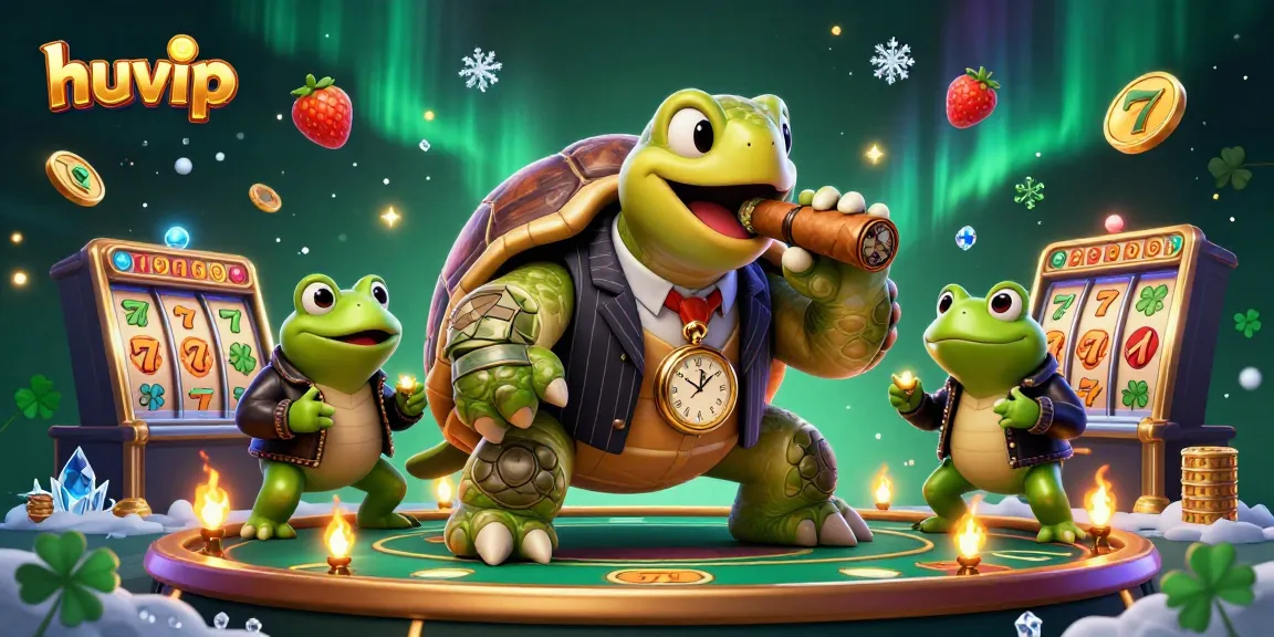 Experience huvip with a cartoon turtle in a mobster suit enjoying a jackpot with vibrant casino elements.