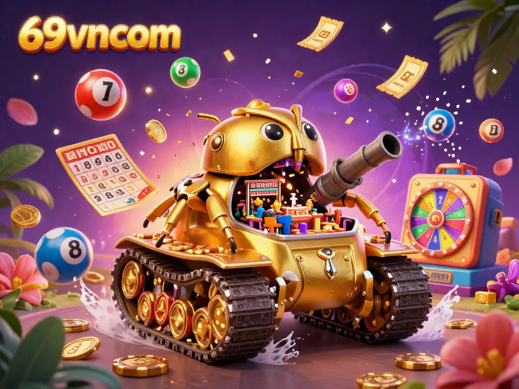Engage with 69vncom's vibrant casino experience featuring colorful lottery elements and a golden beetle tank.