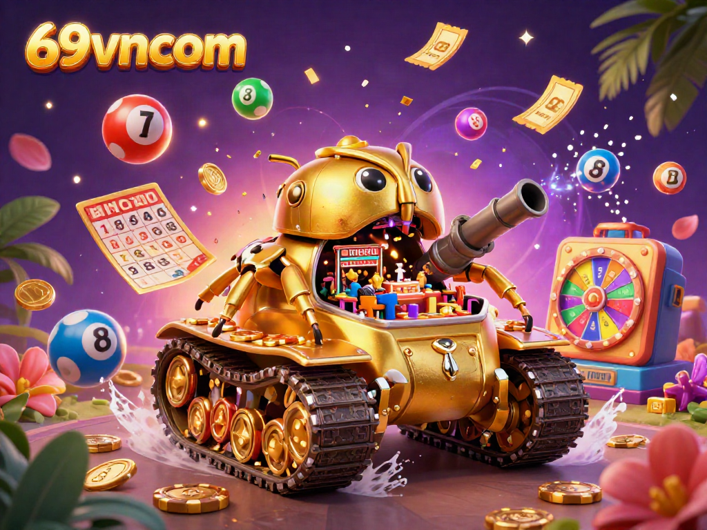 Engage with 69vncom's vibrant casino experience featuring colorful lottery elements and a golden beetle tank.