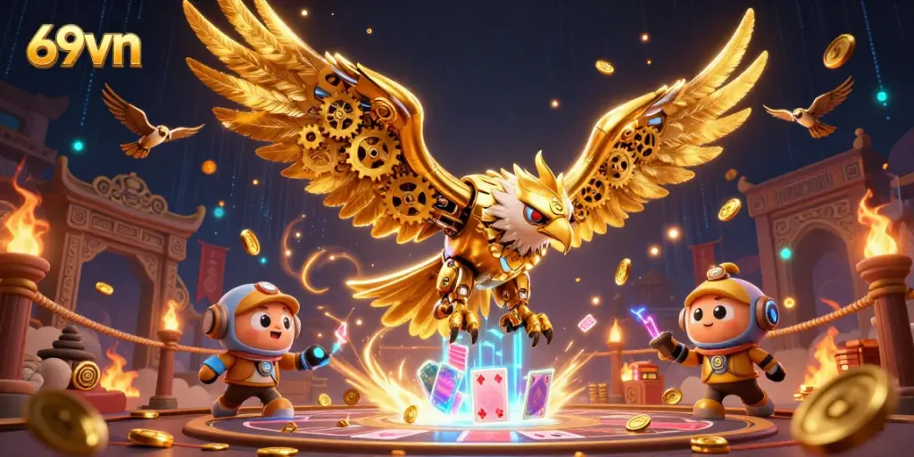 Engage with 69vn's exciting gameplay featuring a cybernetic eagle and dynamic casino elements.