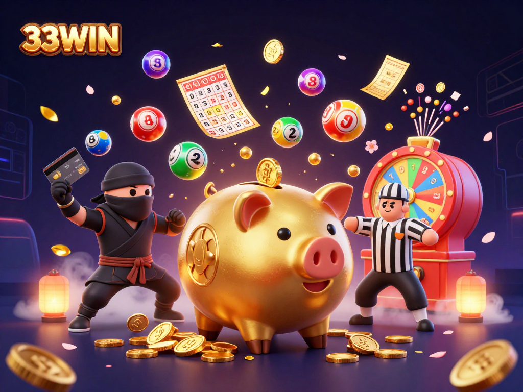 Engage with 33WIN's vibrant and dynamic gaming scene featuring a piggy bank sumo wrestler amid golden coins and colorful lottery elements.