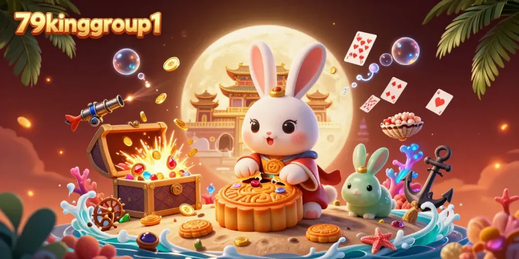 Experience the thrilling offerings of 79kinggroup1 with a moon rabbit pounding mooncakes revealing poker chips, surrounded by vibrant gaming elements.