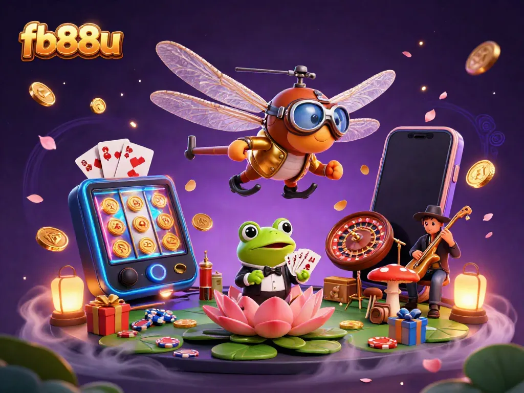 Experience vibrant casino thrills with fb88u's engaging 3D illustration featuring dynamic characters and gaming elements.