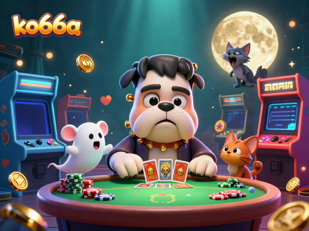 Engage in thrilling card games at ko66a with a vibrant, spooky themed casino illustration featuring unique characters.