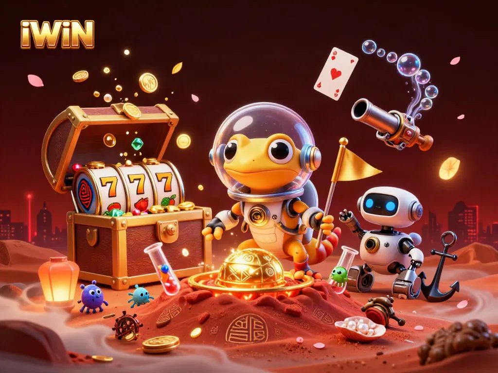 Experience IWIN's vibrant casino world with a Martian gecko and treasures, celebrating winning moments.