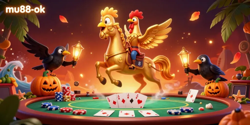 Experience the lively casino scene with mu88-ok featuring a glowing rooster and gaming elements.