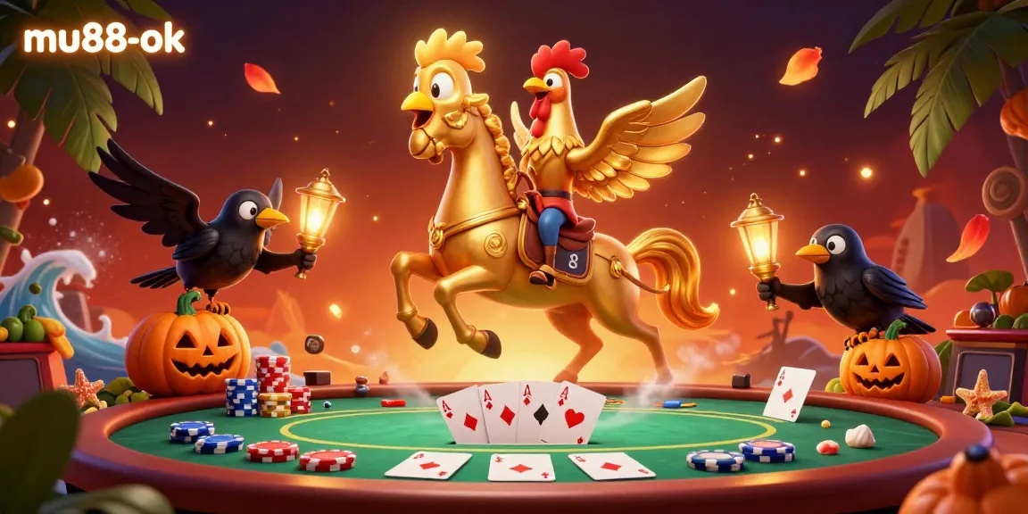 Experience the lively casino scene with mu88-ok featuring a glowing rooster and gaming elements.