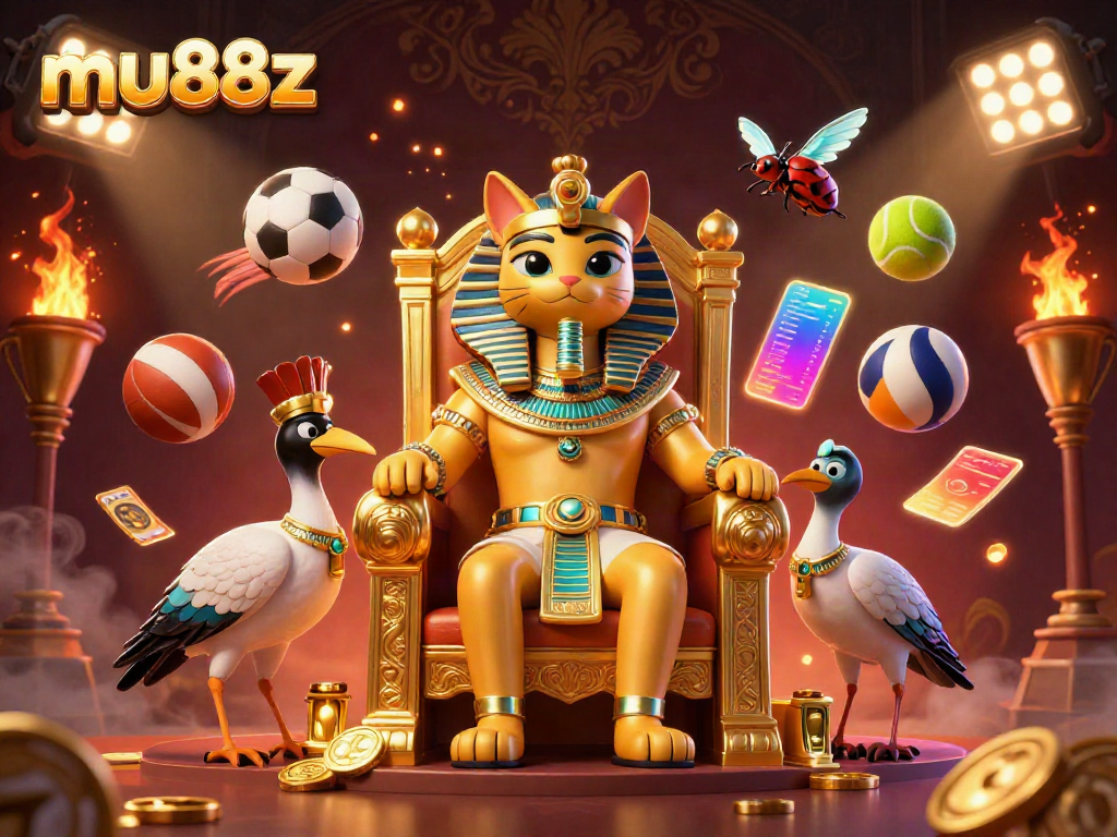 Engage with casino excitement at mu88z with a vibrant scene of a pharaoh cat surrounded by sports elements.