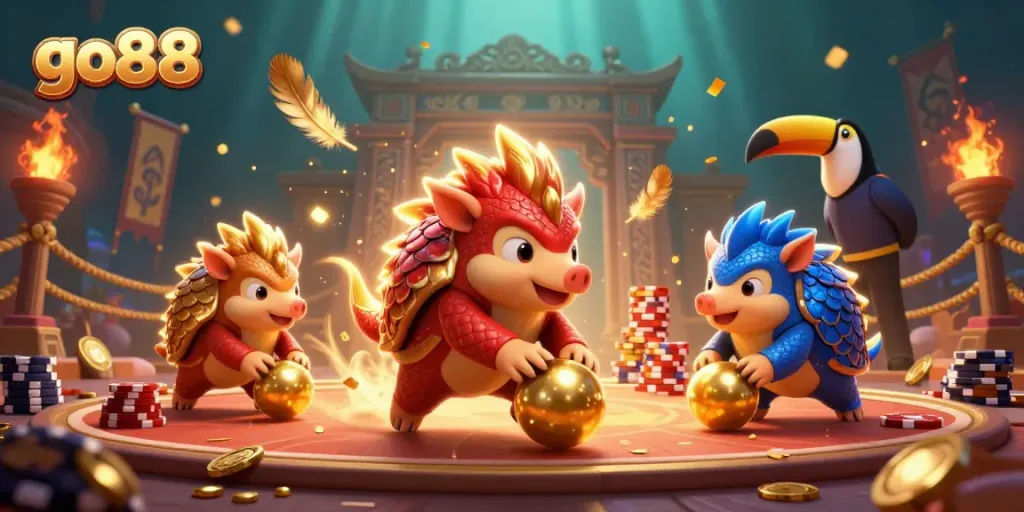 Engage with go88's thrilling online casino atmosphere featuring dynamic pangolins and poker chips.