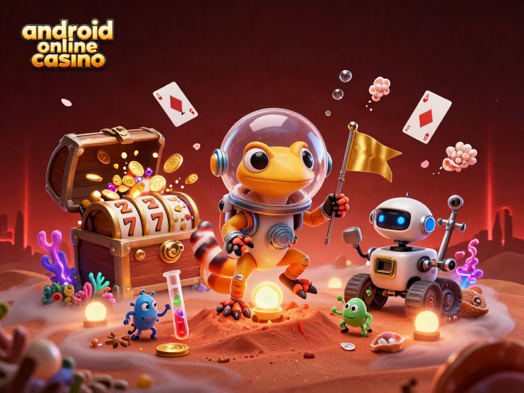 Engage in the thrilling world of an android online casino with vibrant characters exploring a golden casino.