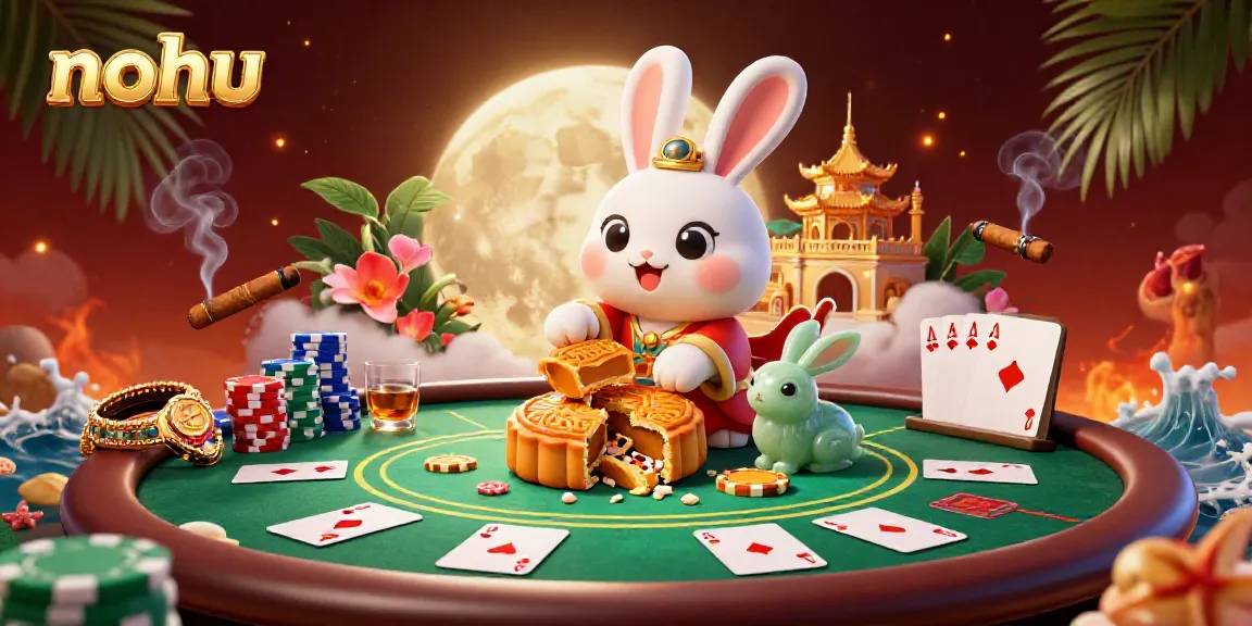 Nohu casino illustration featuring a moon rabbit revealing poker chips, showcasing dynamic gaming elements.