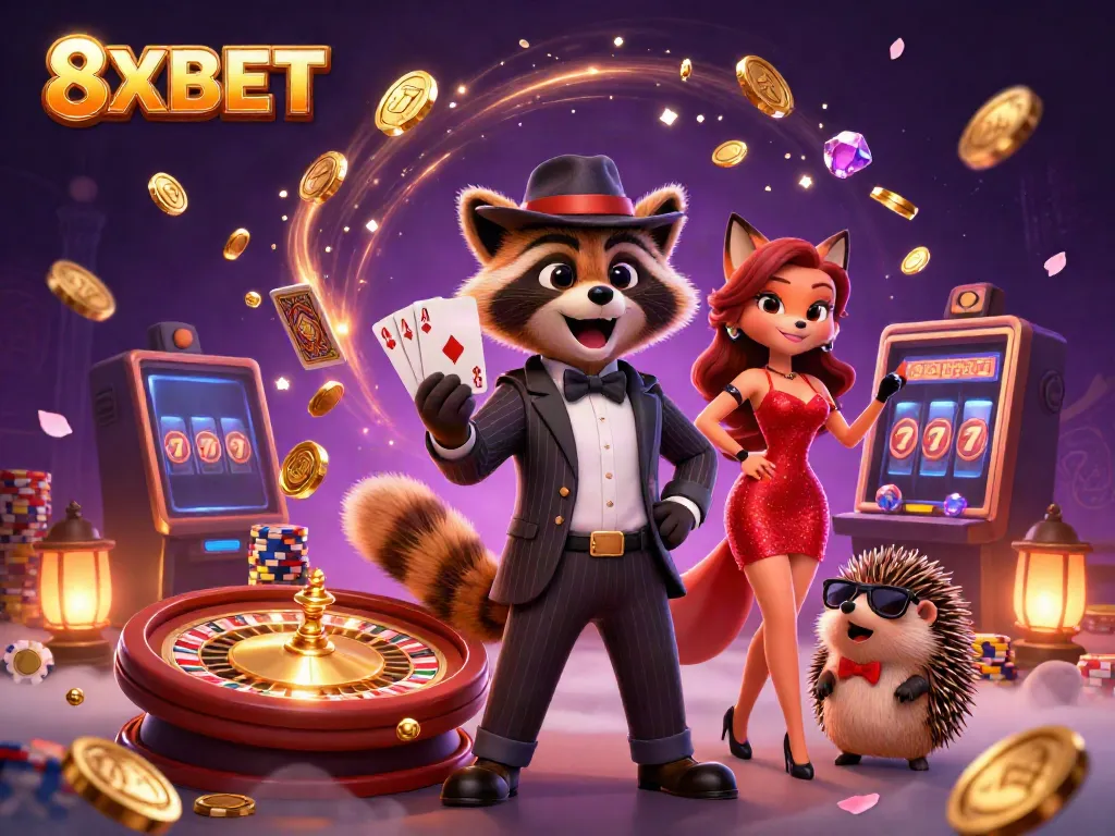 Experience thrilling action at 8XBET with a suave raccoon and charming fox amid stunning casino elements.