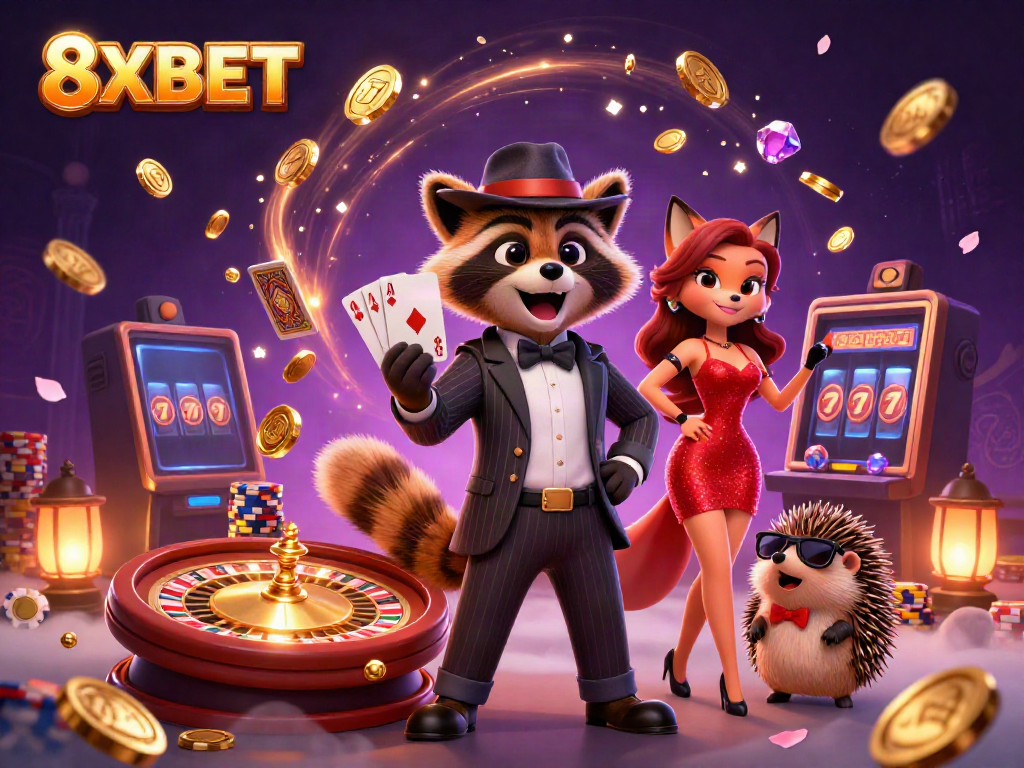 Experience thrilling action at 8XBET with a suave raccoon and charming fox amid stunning casino elements.