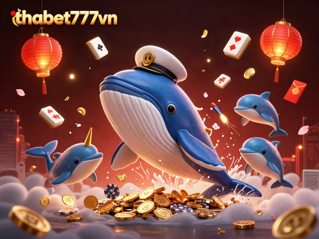 Engage with thabet777vn's exciting gaming scene featuring a whimsical whale, narwhal, and dolphins amidst casino elements.