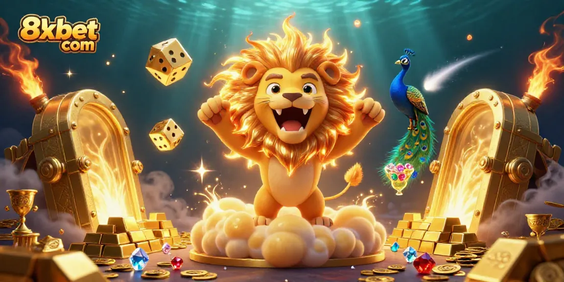 Experience the excitement of 8xbet com with a vibrant, detailed digital casino illustration showcasing rich treasures, golden elements, and dynamic characters.