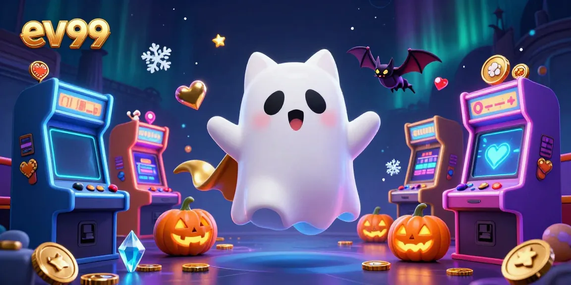 Experience the thrilling ambiance of ev99's haunted casino, with ghostly characters and gaming excitement.