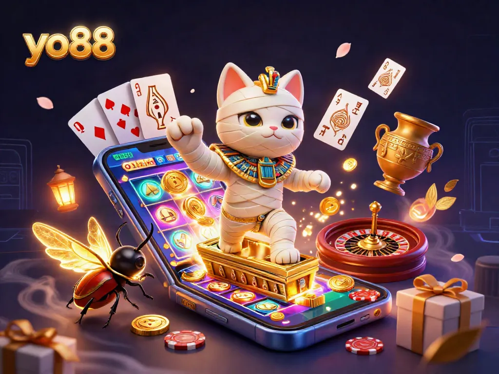 Watch yo88 spring into action with a daring mummy cat and scarab beetle in a vibrant casino.