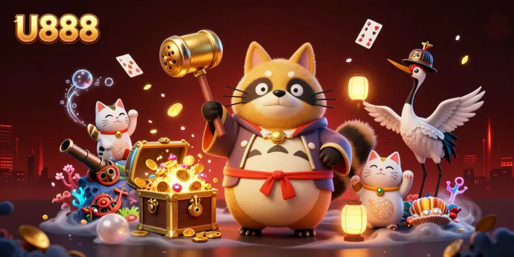 Engage with the U888 online gaming experience featuring vibrant characters and casino elements.
