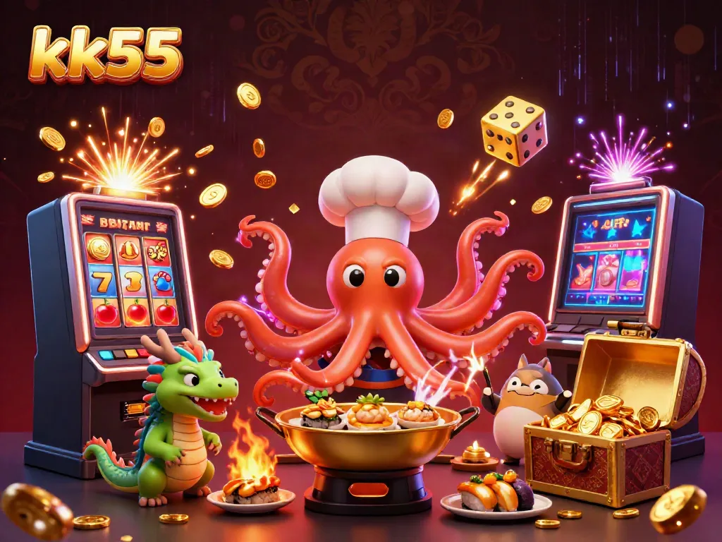 Experience thrilling jackpots at kk55 with a unique scene of animated characters celebrating casino wins.